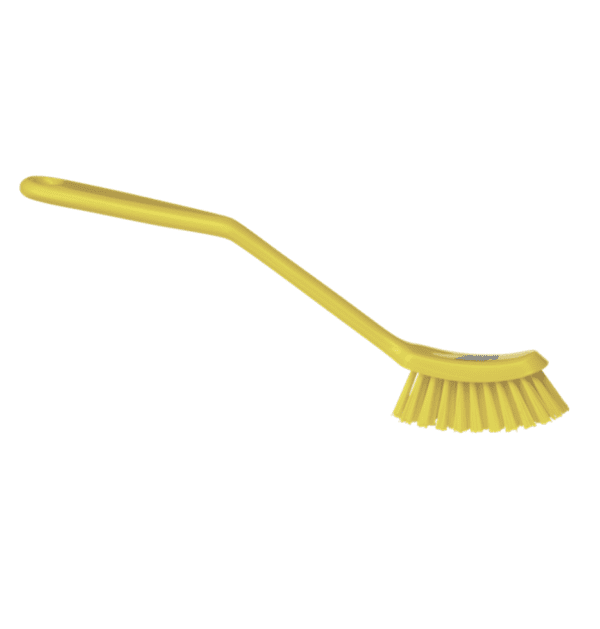 Yellow plastic scrub brush with handle.